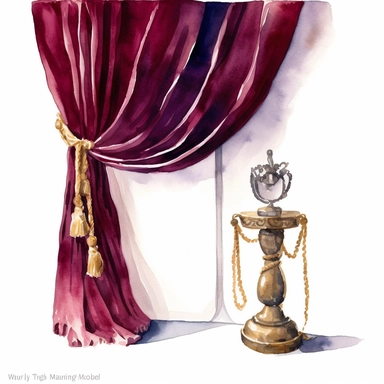 royal velvet burgubdy curtain, full body, tied with a golden cord with a tassel, watercolor by mary whyte, romantism, clear line, white solid background, clipart, medieval