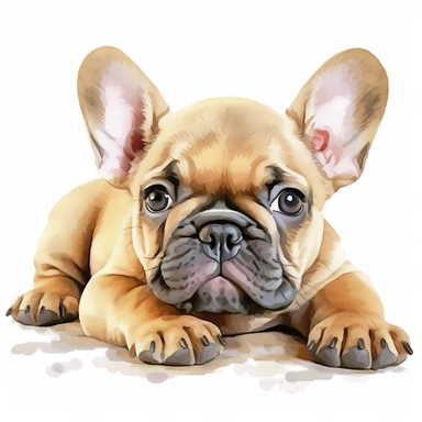 watercolour realistic French bulldog puppy laying down beautifully detailed perfect realistic facial features four perfect legs and paws beautiful perfectly detailed french bulldog puppy laying down beautiful clear detailed graphics, png image,high resolution,300dpi,graphic clipart,computer graphics