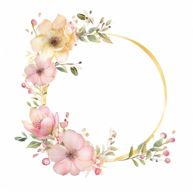 two golden circles make a round frame, some pastel pink flowers around, pastel easter flowers arrangement, wreath clipart, easter flowers arangement, simple watercolor illustration, watercolor with margin, bold line, editorial design, print design, Super - Resolution, Megapixel, Pro Photo RGB, VR, outside, 8K, super detailed, HDR, 8k. white background