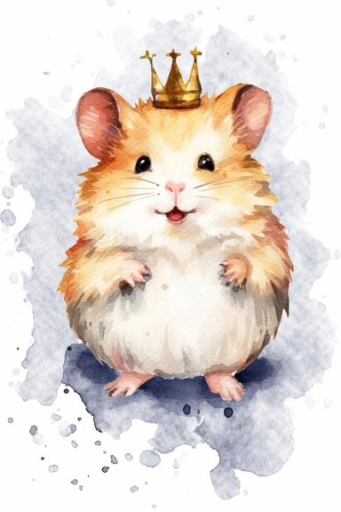 Create a watercolor clipart picture of a happy prince hamster, white background. The hamster should have a cute and happy expression, with its fur depicted in soft watercolor textures.
