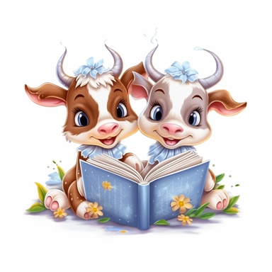 Cute Beautiful Happy Face Couple Baby Cow sit Reading book Sublimation Clipart ,Cartoon,hyper realistic, intricate detail, illustration style,high solution,on the white background