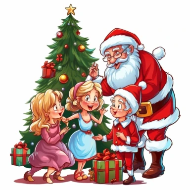 clipart digital svg cartoon of Mrs Claus decorating the Christmas tree with the family, on a whte background no shadow