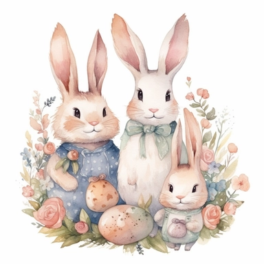 bunny family celebrating easter, easter eggs, pastel flowers, watercolor, clipart, isolated white background