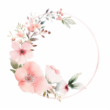 half a circle, minimal, pale pink watercolor flowers, wedding invite, clipart, white background, half circle