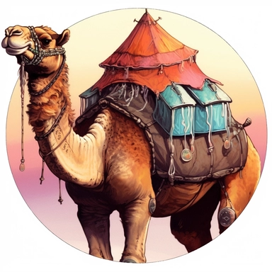 Akira Kurosawa's photograph of a camel with tent saddle, Josh Kirby Mad Max Lord of the Rings, enamel punk zine indie retrowave, clipart illustration, circular solid background circular border