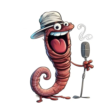 a long earthworm with a mustache singing in a microphone clipart white background