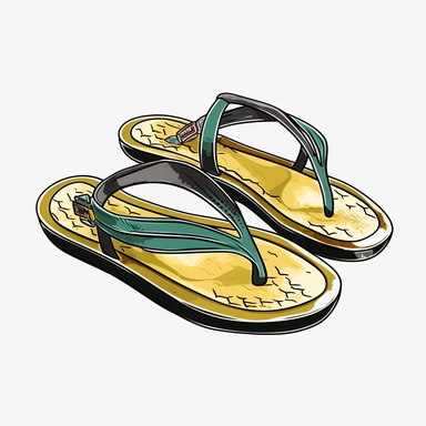 Flip-flops: Simple sandals that are easy to slip on and off, perfect for wearing at the beach or pool. outlines are 10 cm thick, and black, with no shadows on the ground, whimsical illustrations, realistic watercolors, and detailed illustrations. cartoon, clipart PNG, transparent white background