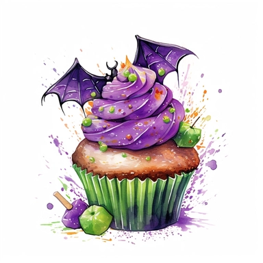 delicious Halloween cupcake with vibrant green and purple colours, witches hats, skulls, spiders and bats, candy confetti, owatercolour illustration clipart, extremely detailed, 4k, high quality, isolated on white background