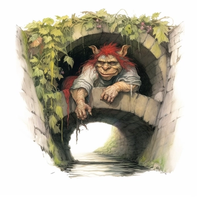 mean troll under a bridge tattoo design by twilight designs, in the style of david nordahl, green and red and brown, jean-baptiste monge, farel dalrymple, fantastical street, high resolution, imaginative characters, clipart, blank white background