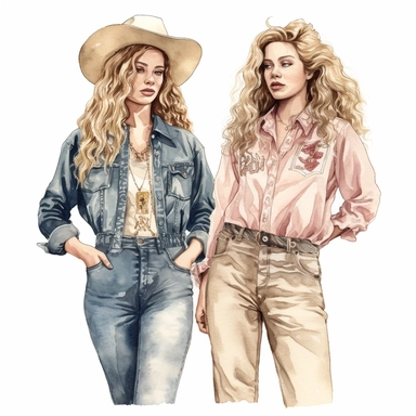 2 blonde hand drawn country women, wearing 90's country clothes , one has curly hair and one has straight hair, full body, glamorous, very detailed and realistic , watercolor, white background with margins, clipart style