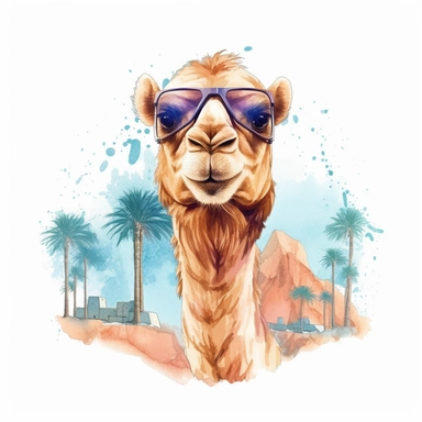 Cute camel in desert sublimation, summer time, watercolor, clipart, illustration, digital art, for tshirt, simple design, clean, highly detailed, 8k, white background