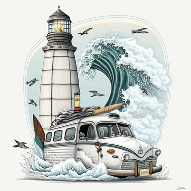Visualize a scene of adventure: a van elegantly navigating through a misty wave, surfboards ready for thrilling rides, with a towering lighthouse shining its beacon in the distance, against a clean white backdrop, illustration style, white background, clipart, PNG pure white background, high resolution, hyper detailed, best quality, high detailed illustration