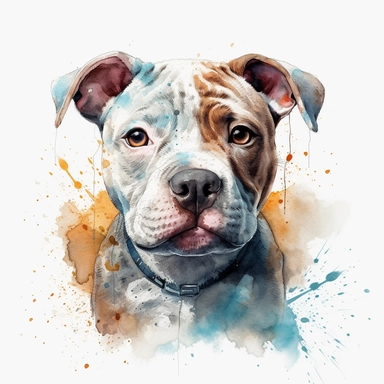 cute Staffordshire Bull Terrier dog portrait, full face, centered shot, side shot, dynamically posed, in action, playful mood, happy mood, playing mood, cute face, adorable smile, childlike eyes, clean watercolor illustration, white background, nursery baby imagery, painting, detailed, 8k, PNG, clipart,