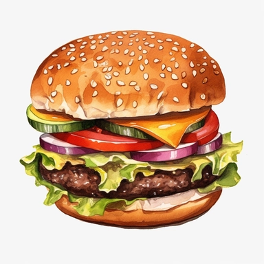 High Detail clipart of a Hamburger, no lines, no outlines, clipart, featured on dribble, american Dinner clipart, minimalist, computer vector graphic design clip art, watercolor illustration clipart, watercolour clipart, watercolor illlustration for Recipe Books, book illustration, print on demand image, PNG tranparent background