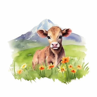 realistic watercolor baby cow sitting on the green grass with flowers with a nice mountain hill background on solid white background, clipart