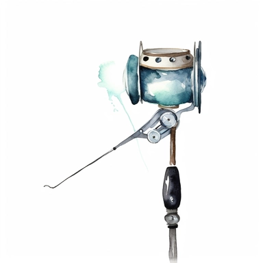 Watercolor fishing pole clipart, white isolated background, space out, hd
