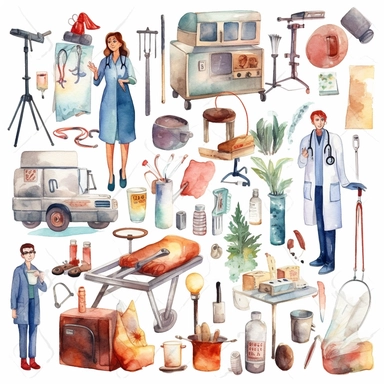 watercolor doctor related scenes , illustrations clipart set, simple, , cartoon elements ,different variants , glucometer, insulin syringe, nurse, doctor, stethtescope, mechanical body weighing scale, tweezers, microscope, ambulance, , separate elements with a margin