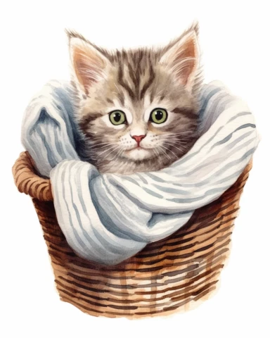 detailed watercolor Kitten in basket with sweater , realistic, isolated on a white background, clipart