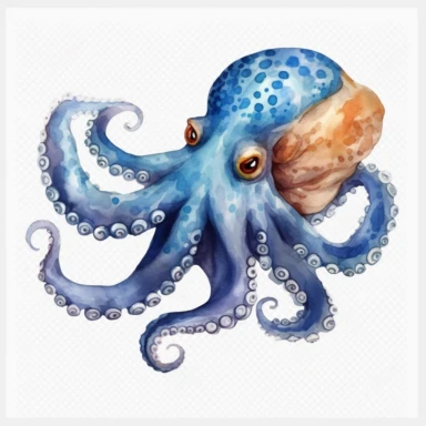 watercolor, Octopus has a glittering blue and gold body. png Full body realistic cartoon in 32K UHD cute. 15 cm thick outline. There was no shadow on the ground. 8k with realistic watercolors and detailed illustrations. PNG clipart, transparent white background