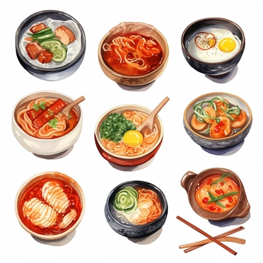 Kimchi, Korean fried chicken, Tokpokki, Ramyeon, Jajangmyeon, Kimbap, Bibimbab, Shabu Shabu, Sundubu jigae, Ginseng chicken soup, korean food, white background, clipart, Object, vector collection, 8k, watercolor