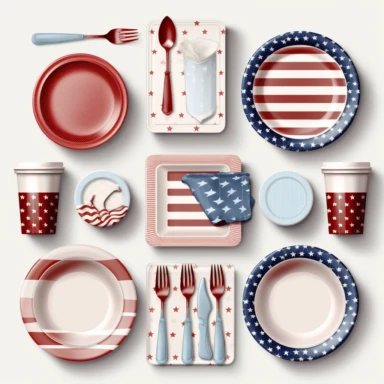 Party Tableware: Create clipart of party tableware, including plates, cups, napkins, and utensils. Experiment with different patterns, colors, and styles to create a coordinated and visually appealing set of tableware clipart.patriotic pattern, stars and stripes, red white and blue, delicate detail, watercolor, in the style of artgerm, 2d game art, quadratura, clipart, on white background,