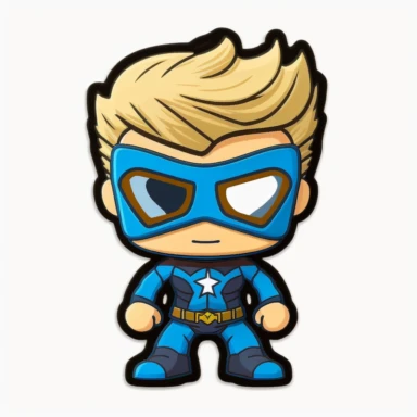mini superhero, clipart, marvel, blue costume, blonde hair, for kids, pop art, funko, sticker, high definition, hd