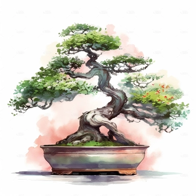watercolor style painting of a beautiful bonsai tree in a pot, simple clipart, isolated on white background, high definition