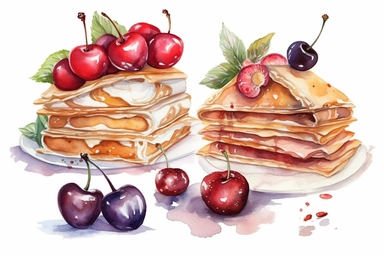 4 watercolor cherry crepe clipart, HD, isolated white background, spaced out