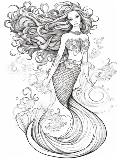 Coloring book, white background, black and white, clip art. Mermaid. Fish bottom, woman top. Mermaid has large wings.