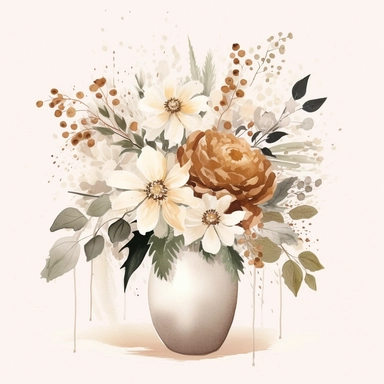 Mid Century Modern Art, Neutral Modern Art, Boho Art of a flower arrangement with Snow in Summer flowers in a vase, Clipart, massive flowers splash, LUSH, flowers splash, full Illustration, ((white background))
