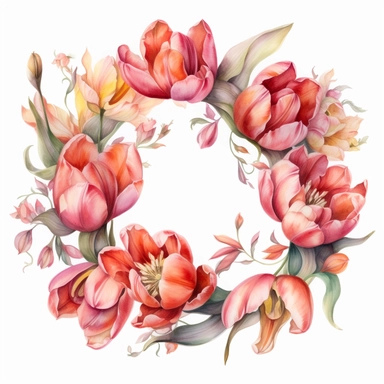 Watercolor Painting of beautiful multi - headed Tulip Wreath FLOWERS on white background DETAILED ILUSTRATION, Flora Design Patterns, Flemish Baroque by Rachel Ruysch, Behance, Rococo, Intricate Detailed, Soft Light Effect, Oil Paint Strokes, Light Academia Aesthetic Flowers, Lighting cinematic, all shown shimmering stamens, tyndall light, texture, colorful, 8k, fantasy, ray tracing, vivid, spectacular lighting, octane rendering, highly detailed, ultra - realistic, white background, clipart