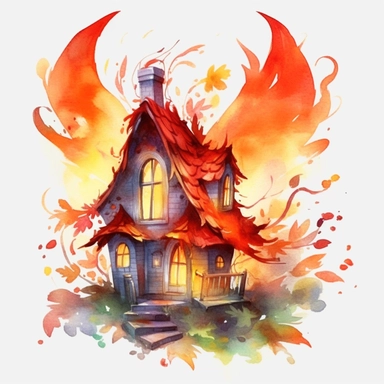 watercolor cute fire fairy lower House , wings, flame around, detailed, hd, clipart
