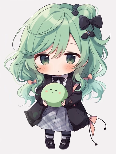 cute anime chibi girl, chic style, green hair, upbeat attitude, clipart, no background