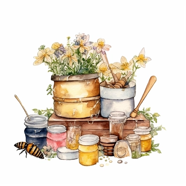 A cute backyard beekeeping ,beehive,beecomb,Watercolor Clipart, Pot of honey, Bumble bee, Honey jar, Honey, Illustration clipart, 4K, extremely detailed,white background, no background, watercolor hand drawn illustration by Emma Bridgewater,Cath Kidston style, Sublimation graphic, clean white background for removing background - - no text shadow font watermark