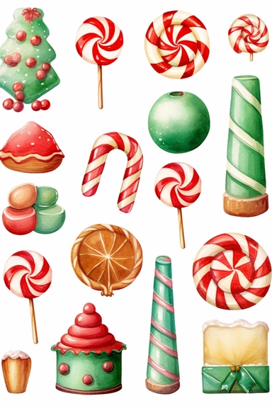 watercolour of a variety of Christmas Candies and cookies. Red and Green Gumdrops, Candy Canes, Peppermints, ginger breads, ribbon candy, clipart variations, simple, vector, 8k