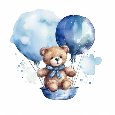 Watercolor Teddy Bear flying a Blue toy Aeroplane, Baby Shower for a boy, Clipart, smilling, sweet, cuddly, happy, playfull, playing, diffrent pose, Transparent background PNG