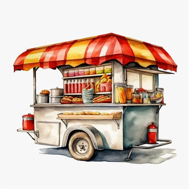 Hyper - realistic high - detailed watercolor clipart of a mobile hot dog stand on a white background. The stand should have a sleek and compact design, reminiscent of the iconic New York street style. Depict a streamlined cart with a simple color palette, such as silver or gray, with pops of red and yellow accents. Ensure the clipart includes essential elements such as the serving window, grill, condiment area, and a small seating counter if desired. Emphasize the presence of the grill, showing 