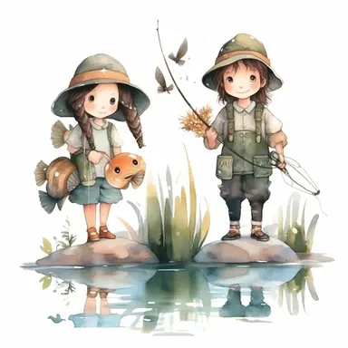 Watercolor boho fishing near a beautiful stream, illustrations clipart set, simple, soft colors, cartoon elements, different variants, cute little boy and girl fishing, separate elements with a margin