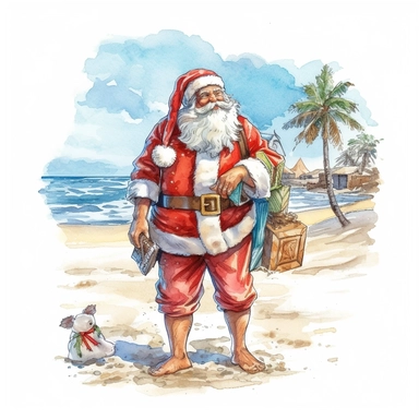 Watercolour of a santa on the beach , Clipart,Cartoon,hyper realistic, intricate detail isolated on a white background, high quality, sublimation, detailed, cartoon style