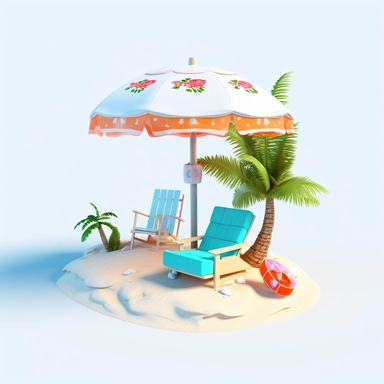 3d island paradise beach with beach chair and sunshade clipart in animation style, in solid white background, summer vacation, bright color, high resolution, 8K,