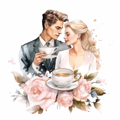 beauty couple drinking coffee, vintage cups, flower digital clipart on white background