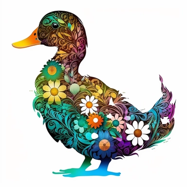 psychedelic cute real flower duck art nouveau, bright colours, clipart, centred, white background
