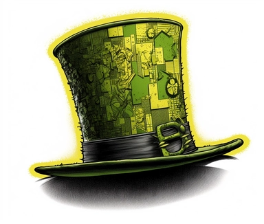 a yellow top hat is clipart green hat, in the style of 1970–present, colorful comic strips, precisionist style, light green and black, engineering/construction and design, suburban ennui capturer, detailed crosshatching,white background