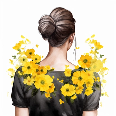 watercolor A woman's face, full body, back view Buttercups: These bright yellow flowers are a favorite among children and are often used to represent happiness and sunshine. with flowers and leaves adorning her hair. hair up with flowers vividly bold designs png Full body realistic cartoon in 32K UHD cute. 15 cm thick outline. Black color. There was no shadow on the ground. 8k with realistic watercolors. and detailed illustrations. PNG clipart, transparent white background
