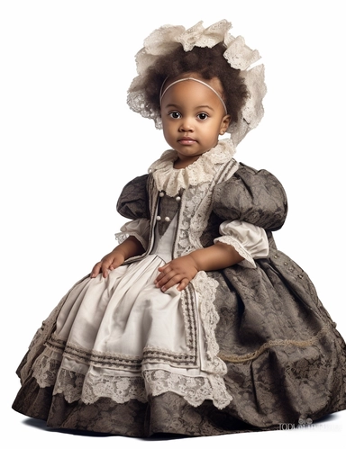 hasselblad 24 mm three quarters shot of a gorgeous african american baby girl in victorian dress, clipart, Composition: Relaxed position with intricate high hairstyle, smiling, detailed natural skin, Style: gothic, white background, hyperrealism, 32k