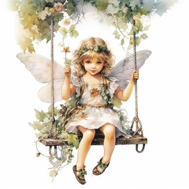 an insanely cute two years old girl as a garden fairy sitting on s swing which is hanging from a tree branch ,magical , Fantasy ,a fairy word scene, painted by ann buccarelli, watercolor, white background, watercolour, insanely detailed, on white background, amazing colour combo , with detailed watercolor , bec winnel, intricately textured, close up, walter Langley, lucy grossmith, heavy impasto technique, detailed shading, atmospheric watercolours, on white background clipart