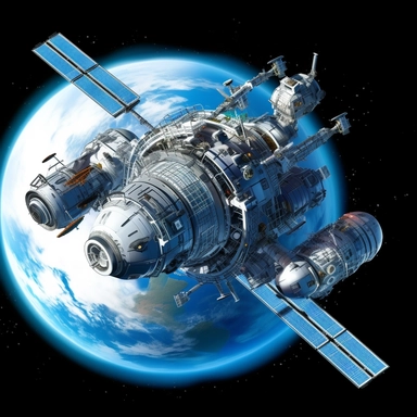 Clipart, A space station orbiting a beautiful blue planet, hyperrealistic, hyper high definition