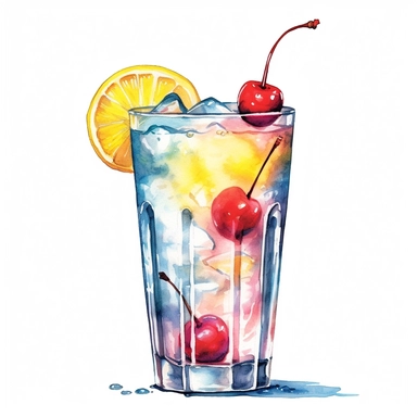 Tom Collins Cocktail Clipart, Water Color, white background, detailed