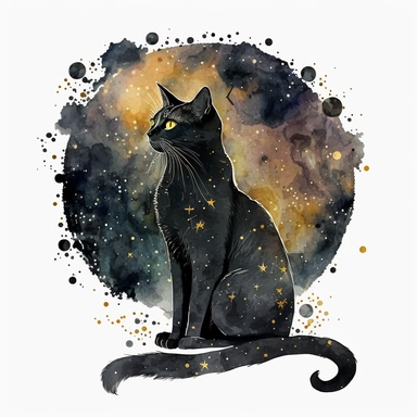 a sitting skinny pagan black cat in front of big starry sky portret, clipart, moon, watercolors, white background, stars, planets, galaxy, magical, ornaments, little golden stars, full body, pictorial space, sparky, golden glitter, oraneg eyes, use Cool Color Palette