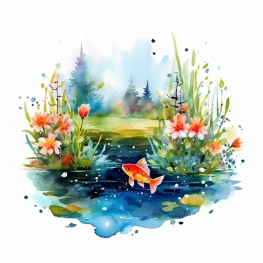 clipart, isolated on white background, Watercolor Spring pond with swimming colorful fish underwater, flowers, ornated, vivid and vibrant and saturated colors
